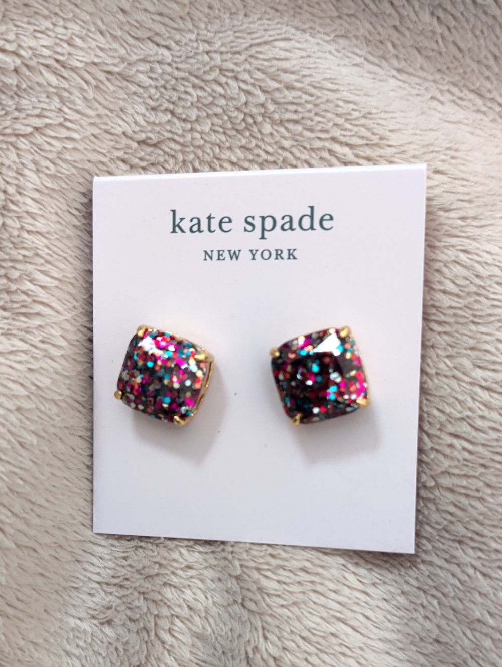Kate Spade Multicolor Glitter Square Stud Earrings — Pink & Blue Accents